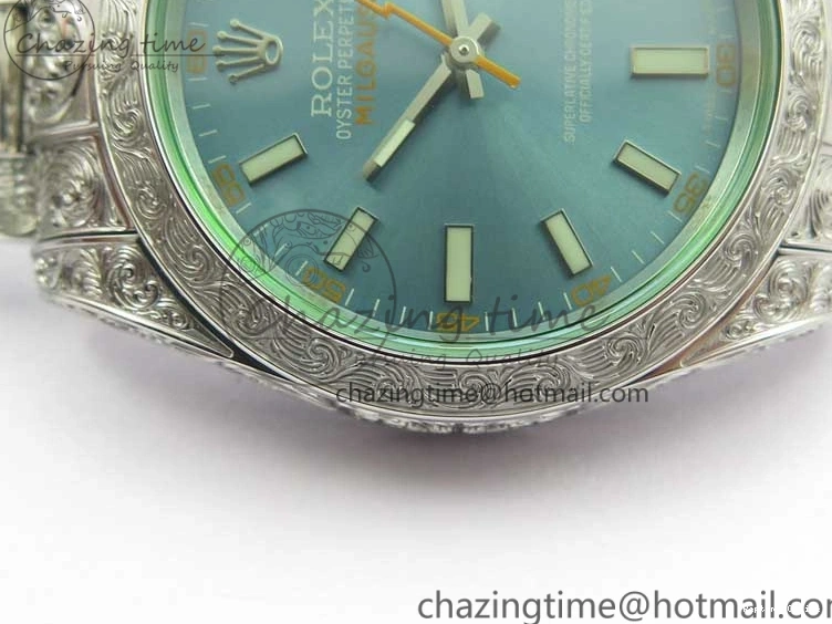 0514 Contemporary Milgauss 116400 904L Engraved SS DJF 11 Best Edition Blue Dial on 904L Engraved SS Bracelet A2836 (Real Green Sapphire Crystal) 3068